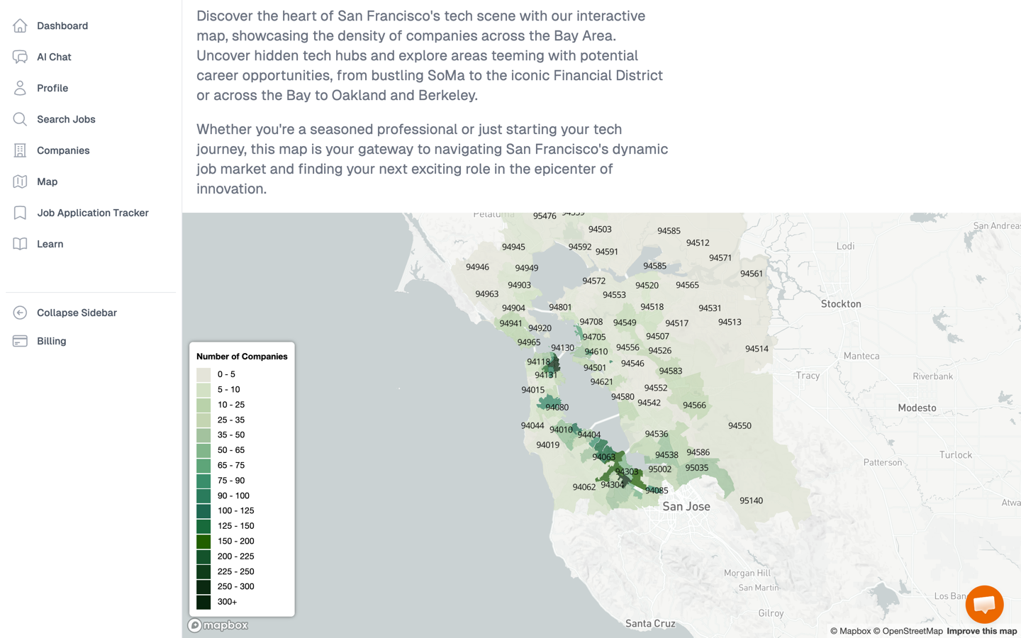 Interactive map of tech company density across the SF Bay Area on Employbl